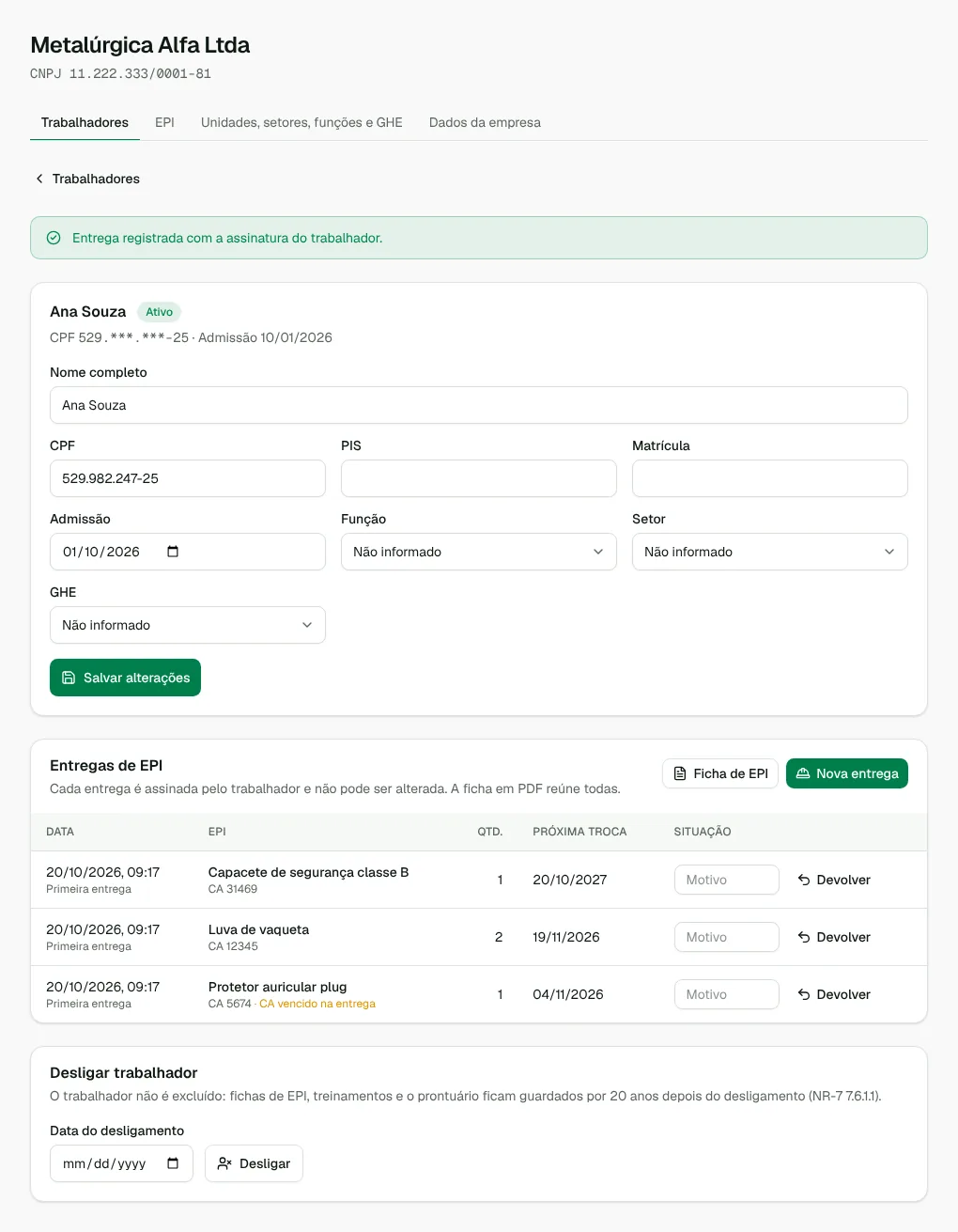 Tela de Controle de EPI no FusionSafe